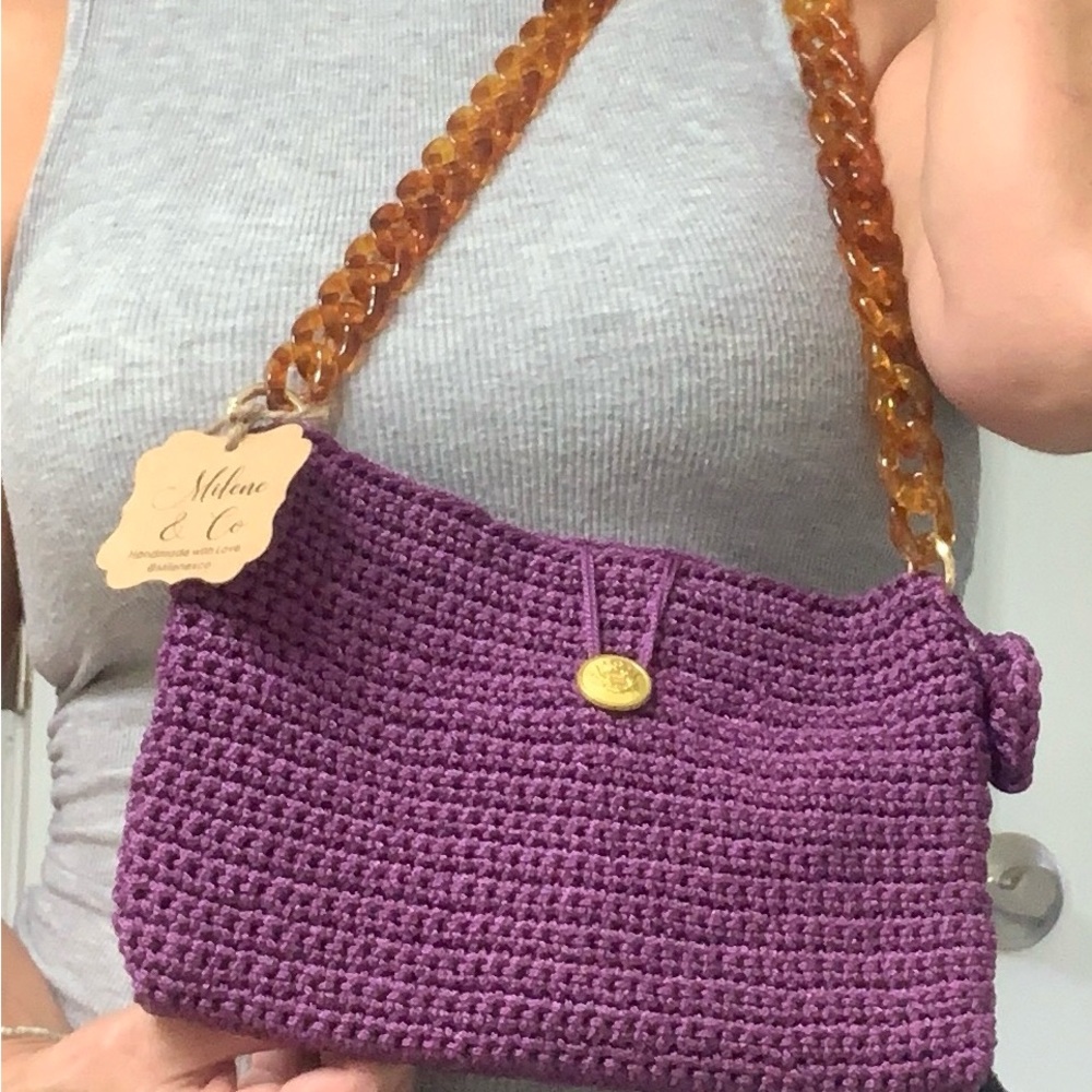 Handcrafted Purple Crochet Shoulder Bag with Brown Strap